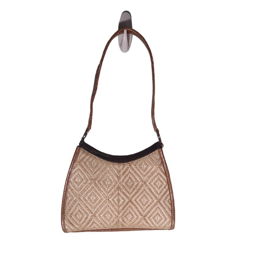 Liz Claiborne Woven Straw Handbag With Brown Leather Trim & Strap Shoulder Bag